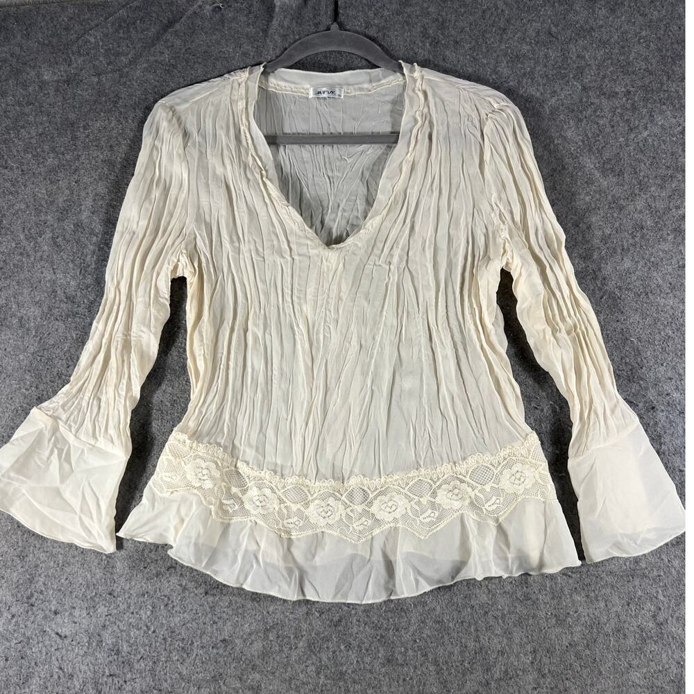 VTG Jaipur Top Womens Small Cream Crinkle Gauze Bell Sleeve Peasant Boho Blouse